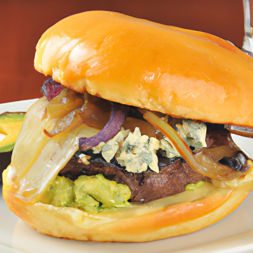 A gourmet cheeseburger with caramelized onions, avocado, and blue cheese on a brioche bun