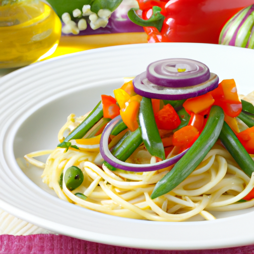 Colorful spaghetti primavera with a mix of fresh vegetables and herbs, drizzled with olive oil.